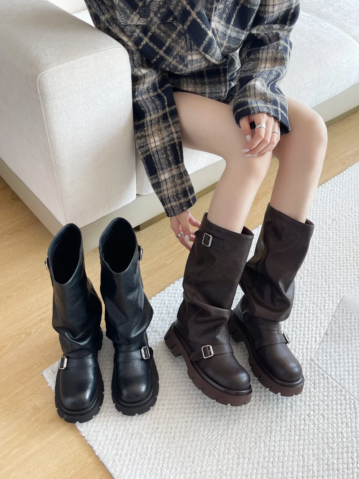 Monica High Top Boot Women's Knee-high Belt Bule Casual Booties Synthetic Leather Fabric Lined round Toe Chunky Heel
