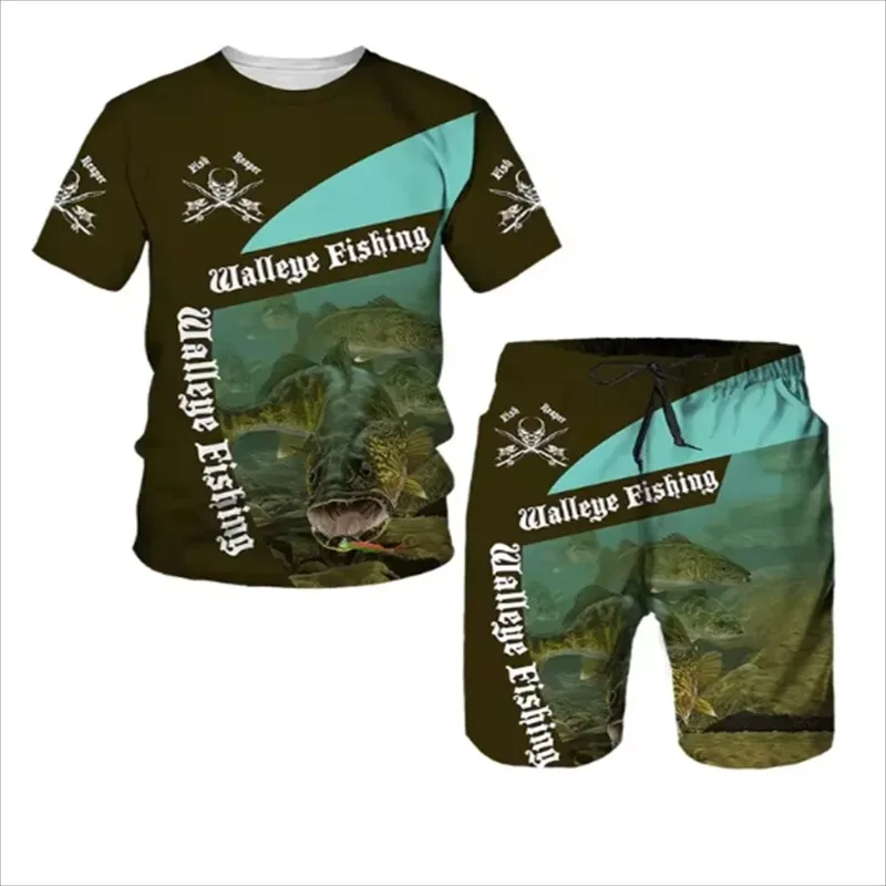 2025 3D Printed Round Neck T-shirt Fashion Loose Sports Men's Outdoor Fishing Shorts 2-piece Set