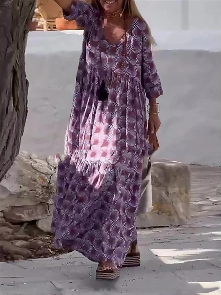 

autumn women's seven quarter sleeve casual style polyester material 2025 new fashionable V-neck loose print pullover dress