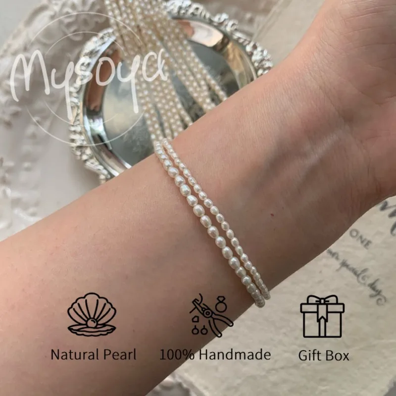 

MYSOYA 3-5 мм натуральный белый рис барочный браслет с пресноводным жемчугом для женщин и мужчин с подарочной коробкой подарок на день рождения, свадьбу, годовщину