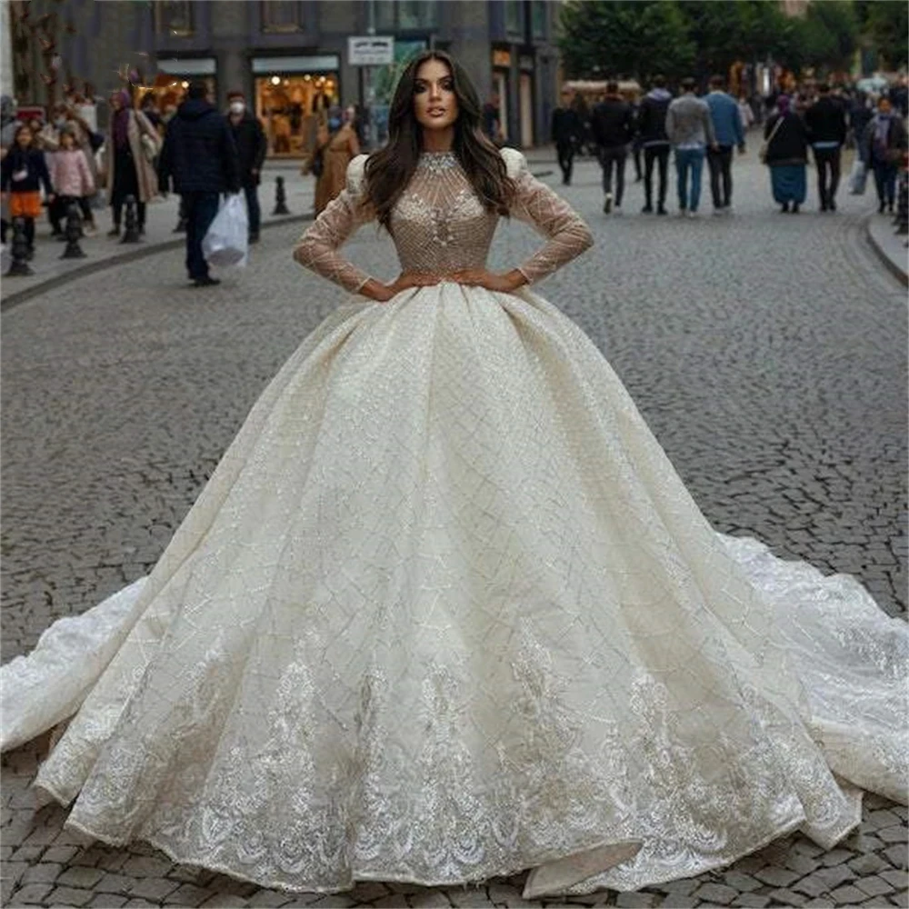 Gorgeous High Collar Wedding Dresses Diamond Sequins Beading Long Sleeves Bride Ball Gowns Customized Robes De Mariée