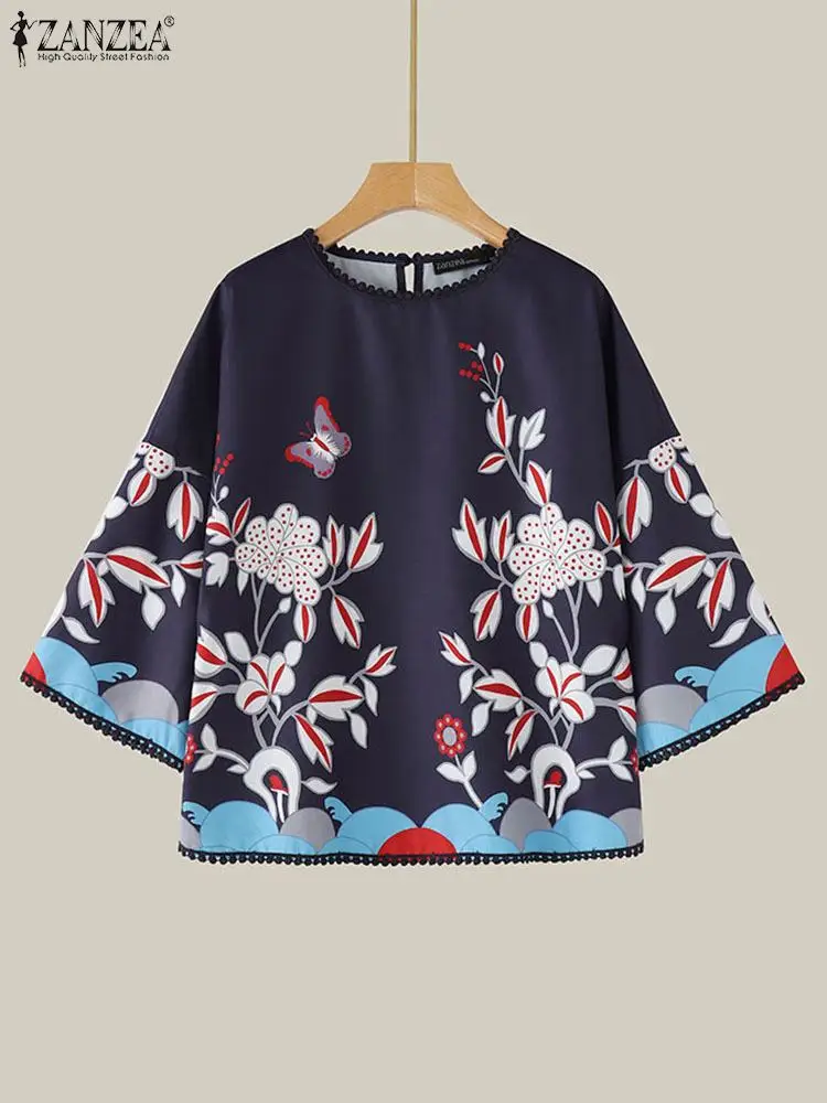 2024 Bohemian Printing O-neck Blusas ZANZEA Women Blouse Casual Loose 3/4 Sleeve Tops Korean Style Fashion Oversize Button Shirt