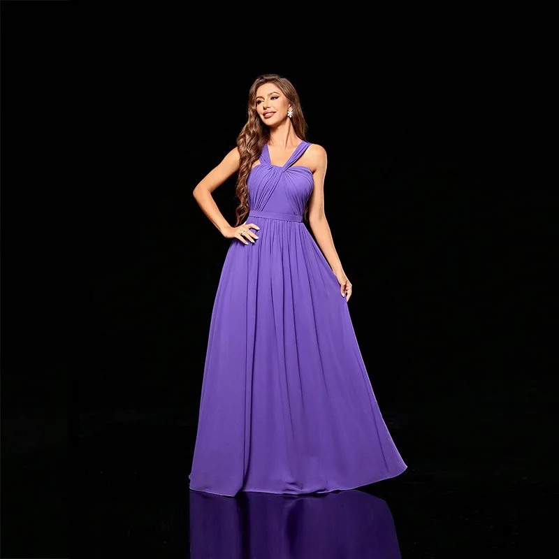 Vestido de banquete de alta qualidade, estilo longo feminino primavera e verão, ajuste fino, sem costas, pescoço pendurado, vestido suspensor feminino elegante
