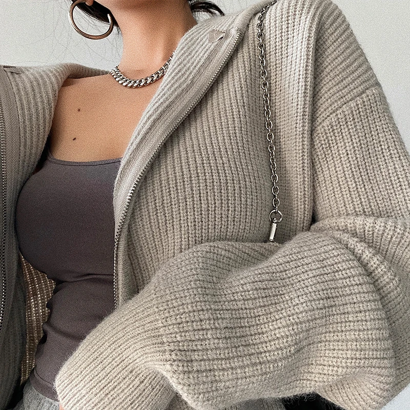 

Уличный свободный крой на молнии с капюшоном для похудения, вязаный открытый кардиган, повседневный универсальный свитер, джет для молодых девушек