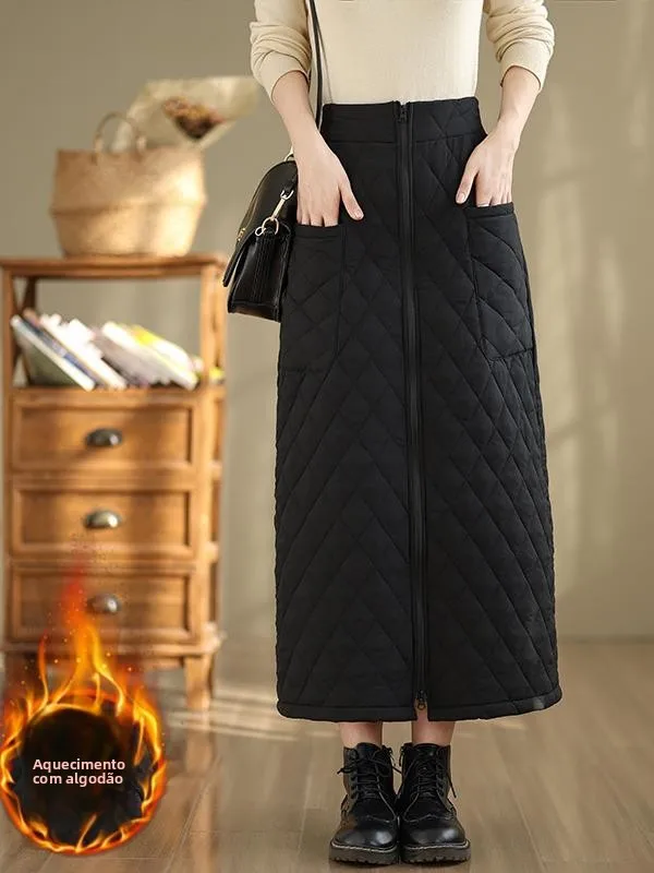 

Thickened Cotton A-Line Skirt High Waist plus Size Warmth Windproof Casual Winter Long Midi Skirt for And Pear Body Types