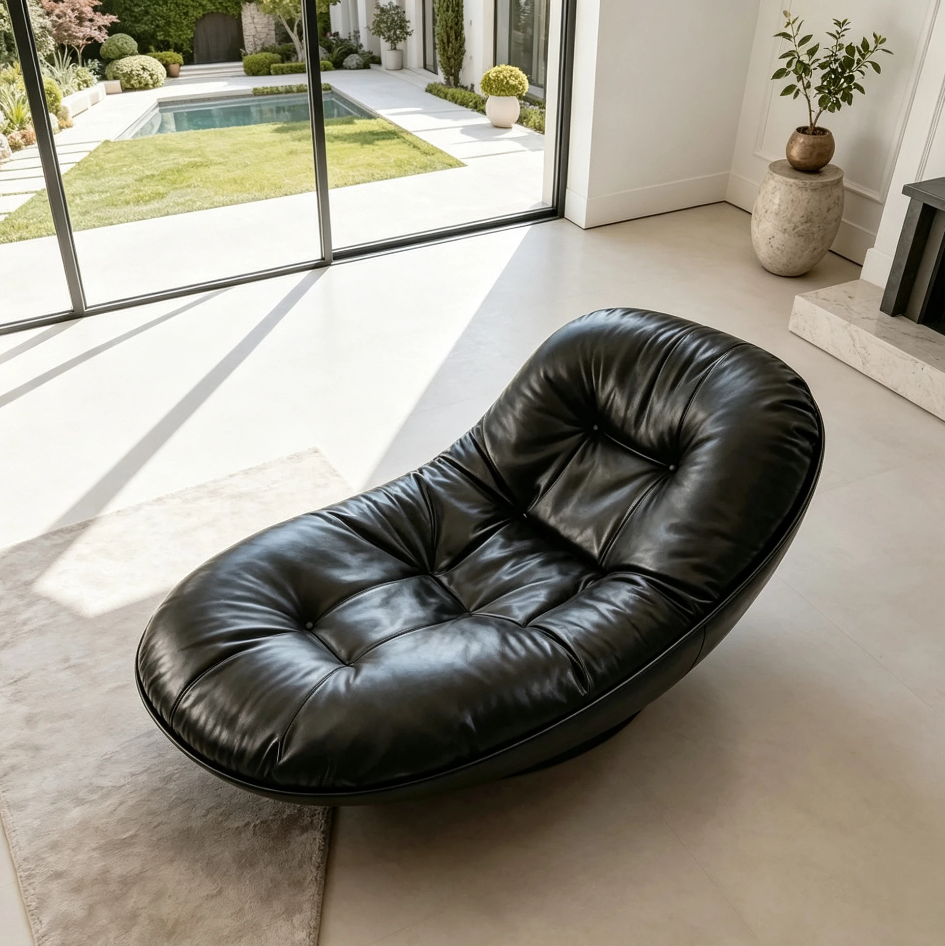 A*-Tufted Black Leather Bowl-shaped Fiberglass Chaise Lounge for Upscale Modern