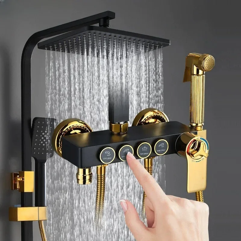 

Thermostatic Shower Set Square Head SPA Rainfall System Bathroom Wall Mount Black Bath Faucet Hot Cold Mixer Copper Tap