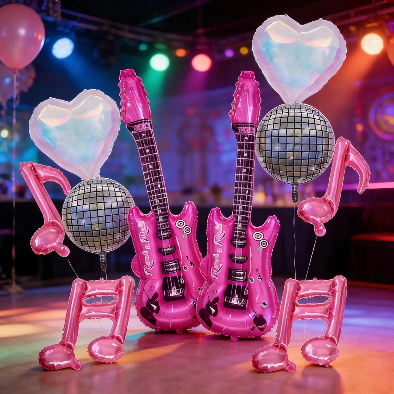 10 Stück K-Pop Musik Geburtstagsparty Dekoration Musiknoten Ballons Aufblasbare Discokugel Gitarren-Folienballon Hot Pink Geburtstagsdeko