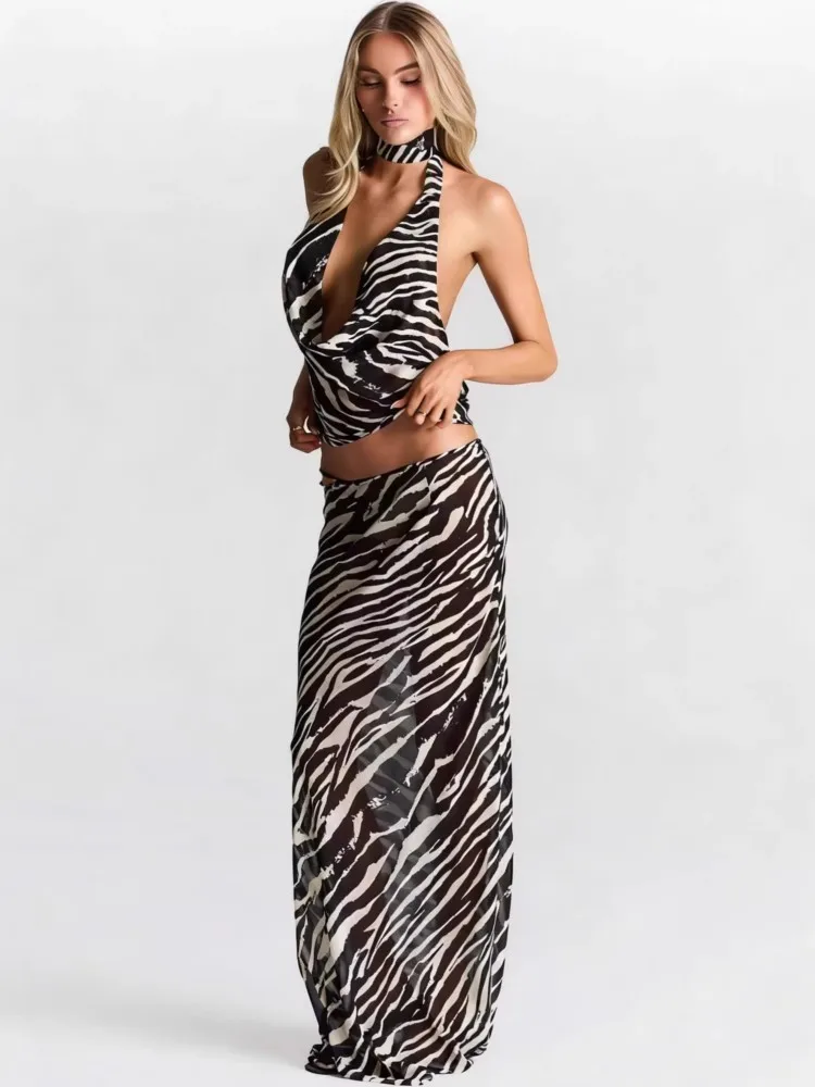 Swimwear Cover-up 2 Piece Set Women Crop Tops And Maxi Skirt Bathing Fashion Stripe Hollow Sexy Beach Cover Up Outfits