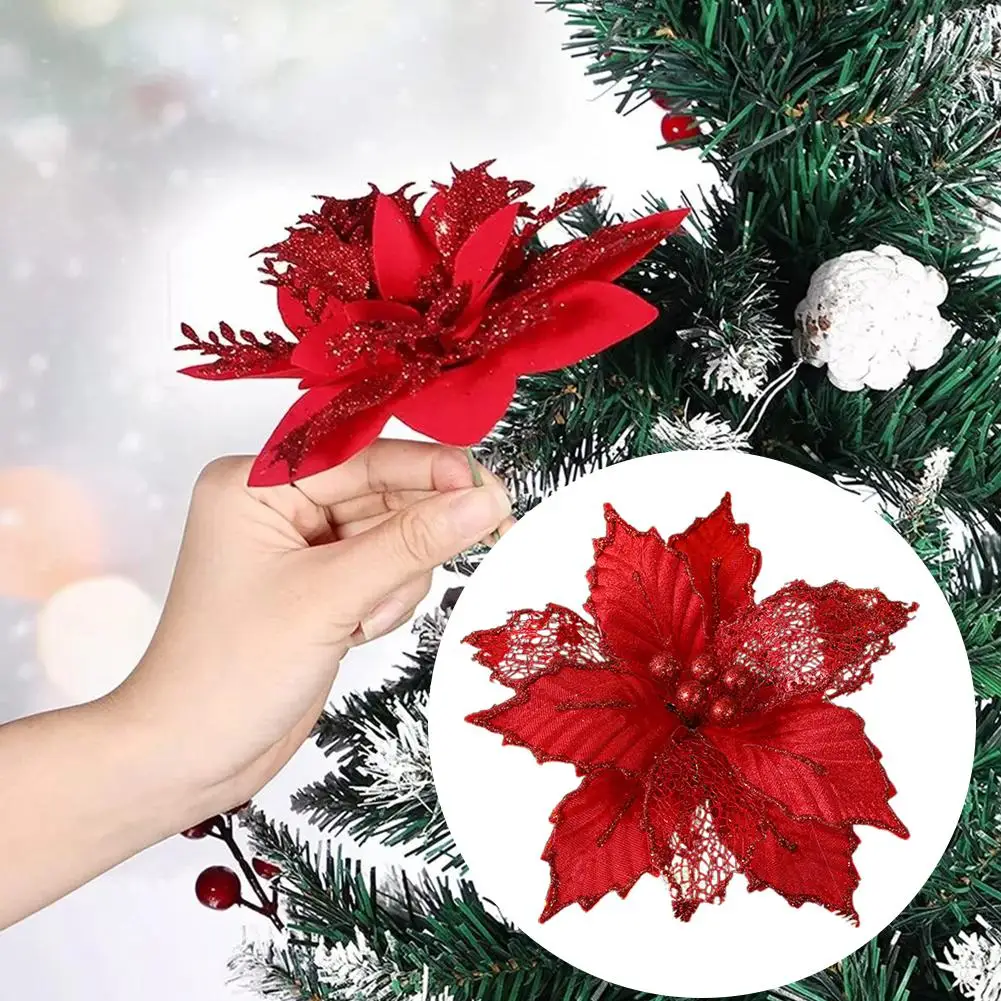 1pc 24cm Christmas Flowers Glitter Red Gold Pink Green Flower Head Xmas Tree Ornament For Home Xmas Party Navidad 2025 New Year