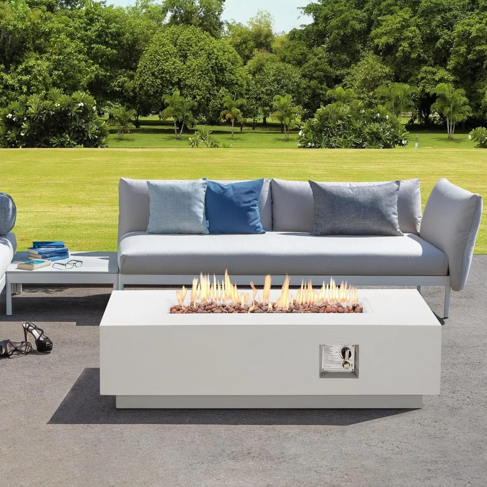 

56" Patio Propane Fire Pit Table, 50,000 BTU Rectangle Concrete Fire Pits with Waterproof Cover, Auto-Ignition, Free Lava Rocks