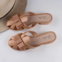 Women's Summer New Baotou Leather Hollow Out Casual Slippers Soft Bottom Non Slip Breathable Outdoor Thick Heeled Slippers