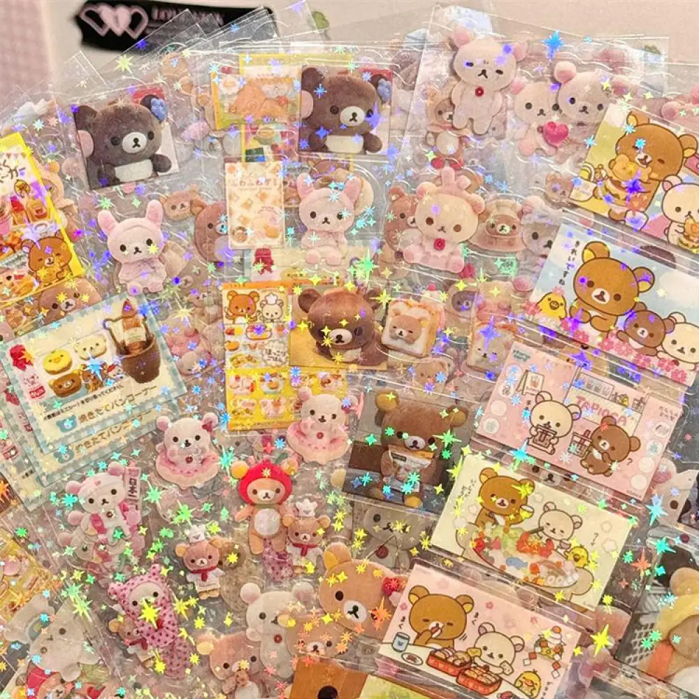 5pcs Hello Kitty Rilakkuma Cute Cartoon Die-cutting Sticker Kitty Cat Anime Handbooks Material Stickers Flashing Laser Stickers