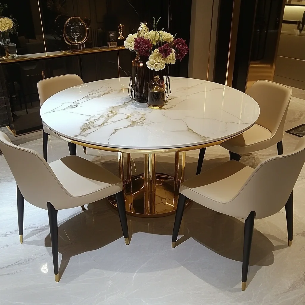 

！@Marble Furniture Dining Table and Chair Set 4-8 Chair Dining Room Round Marble Dining Table Set