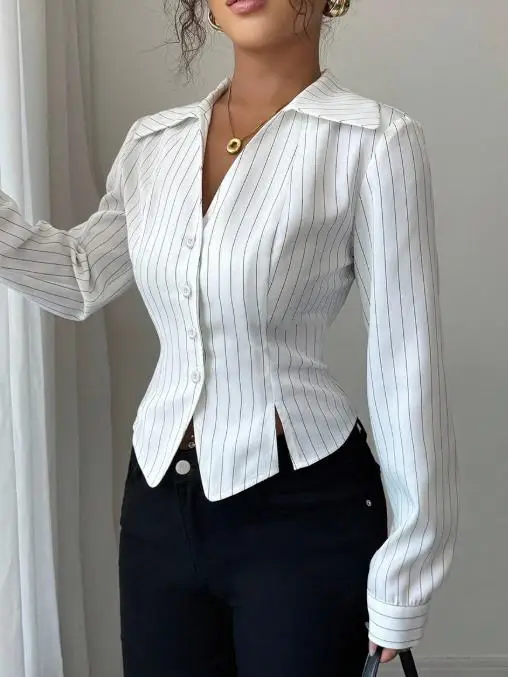 

Woman Blouse 2026 New Spring Autumn Temperament Striped Turn-Down Collar Long Sleeved Single-Breasted Casual Crop Shirt
