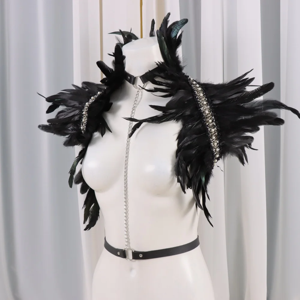 Gotycki Punkowy Szal z Imitacji Piór Personalizowany Pas na Klatkę Piersiową ze Skóry PU Kostium na Halloween Boże Narodzenie do Odgrywania Ról na Scenę
