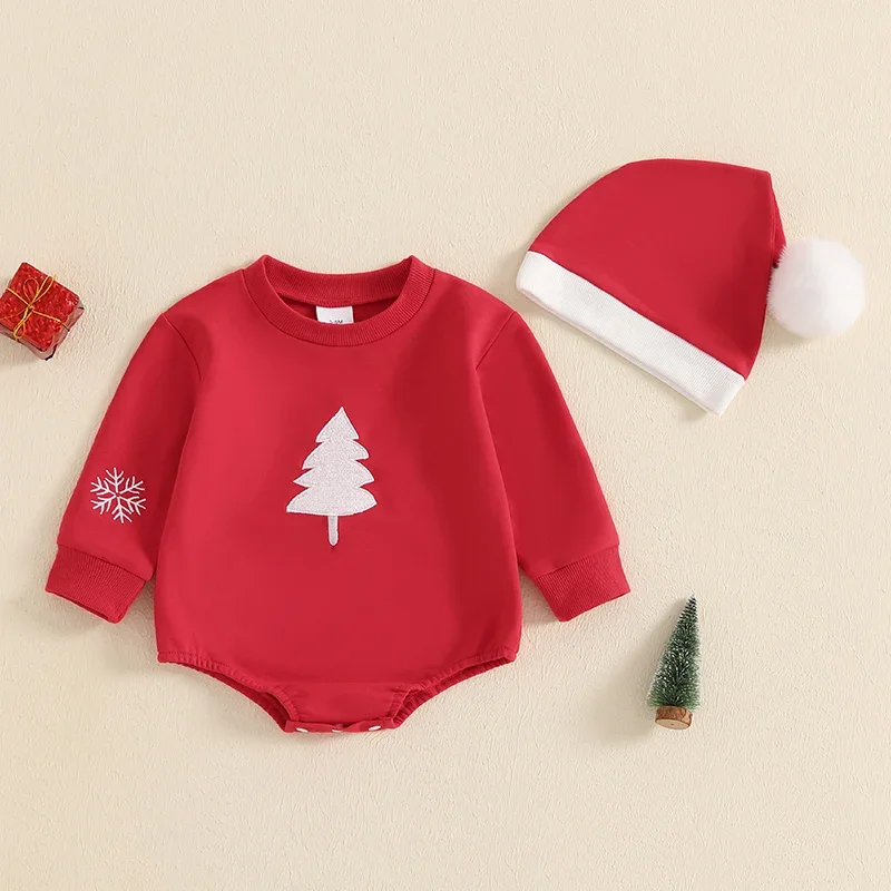 Infant Baby Girls Christmas Sweatshirt Rompers Tree Embroidery Jumpsuit with Hat Xmas Costumes Newborn Clothes