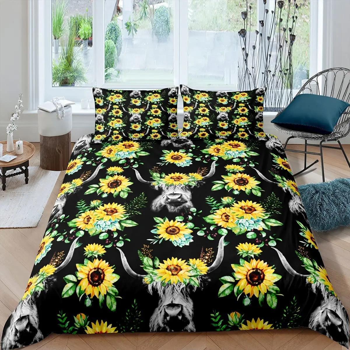 

Highland Cow Bedding Set Sunflower Bull Cattle Comforter Cover for Girls Teens Animal Duvet Cover Farmhouse Bed Cover Decor