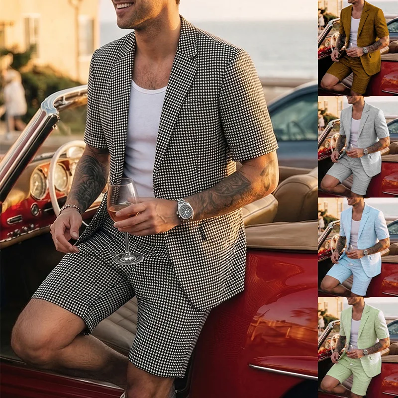 2026 Summer British Style Men's Plaid Short Sleeve Shorts Business Casual Suit Men's Suit