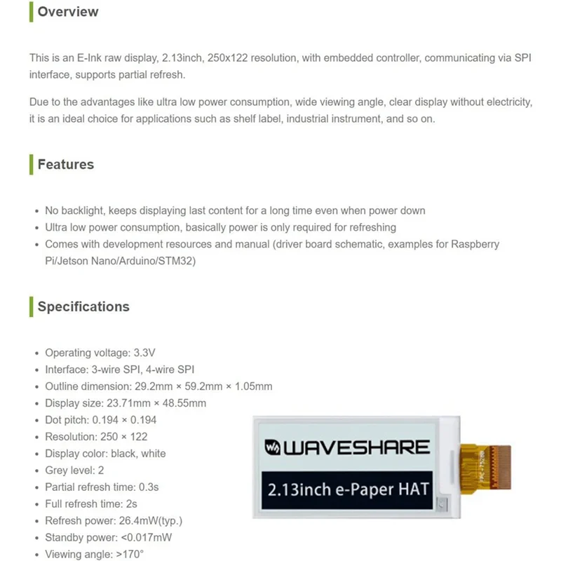 Superior-Waveshare E-Ink Display 2.13Inch 250X122 Pixel For Raspberry Pi Compatible SPI Interface Partial Refresh Support
