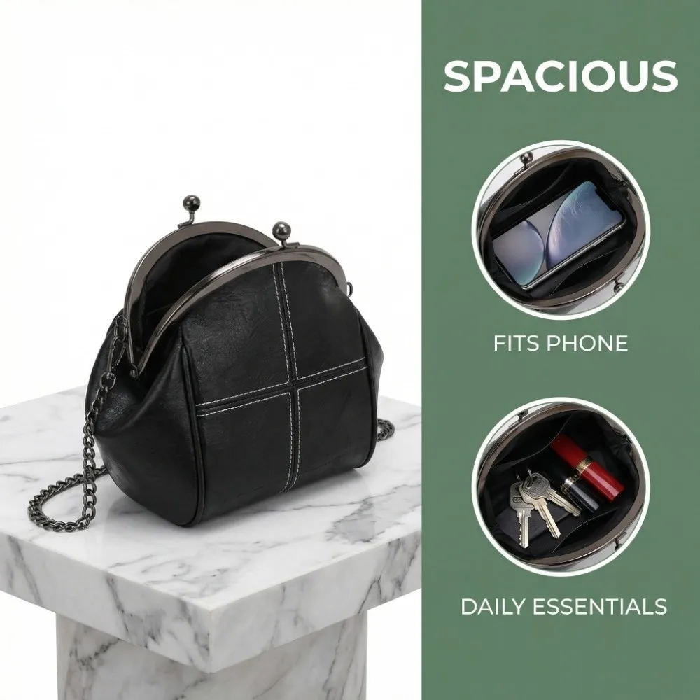 

Solid Color Kiss Lock Handbag Chain Strap Large Capacity PU Leather Crossbody Bag Clip Closure Coin Purse Clutch Shoulder Bag