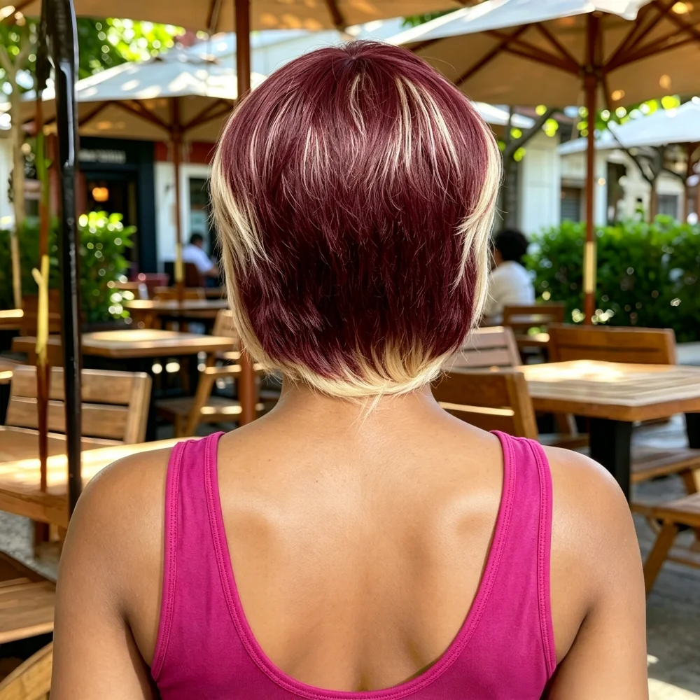 Full Machine Made Short Pixie Cut Human Hair Wigs, Burgundy Blonde Highlight Straight Hair Wig for Women,Natural Looking Hair Da
