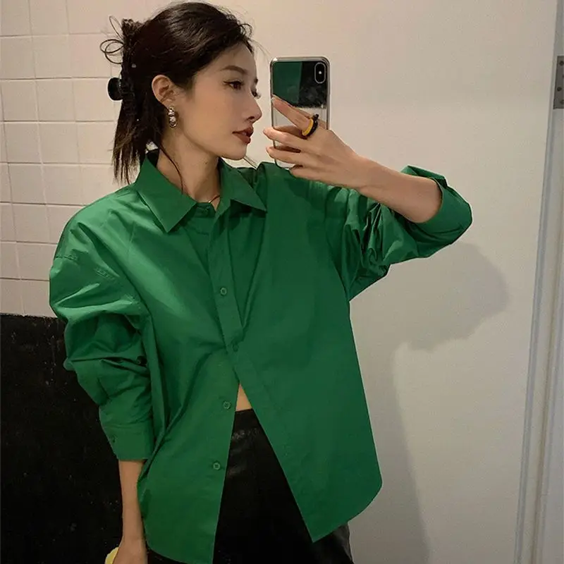 Spring New Green Loose Shirt Tops Ladies Long Sleeve Solid Color Simplicity Blouses Trend Korean Fashion Women Clothing