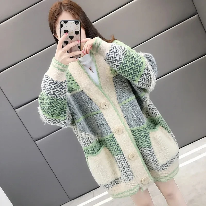 Mink Velvet Knitted Cardigan Jacket Women\'s 2022 New Loose Ladies Sweater Outerwear Spring And Autumn All-Match Button Jacket