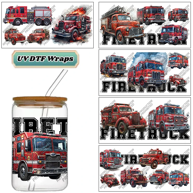 Classic Fire Truck Cartoon Pattern UV DTF Transfer Sticker Waterproof Transfers Decals For 16oz Glass Cup Wrap Stickers