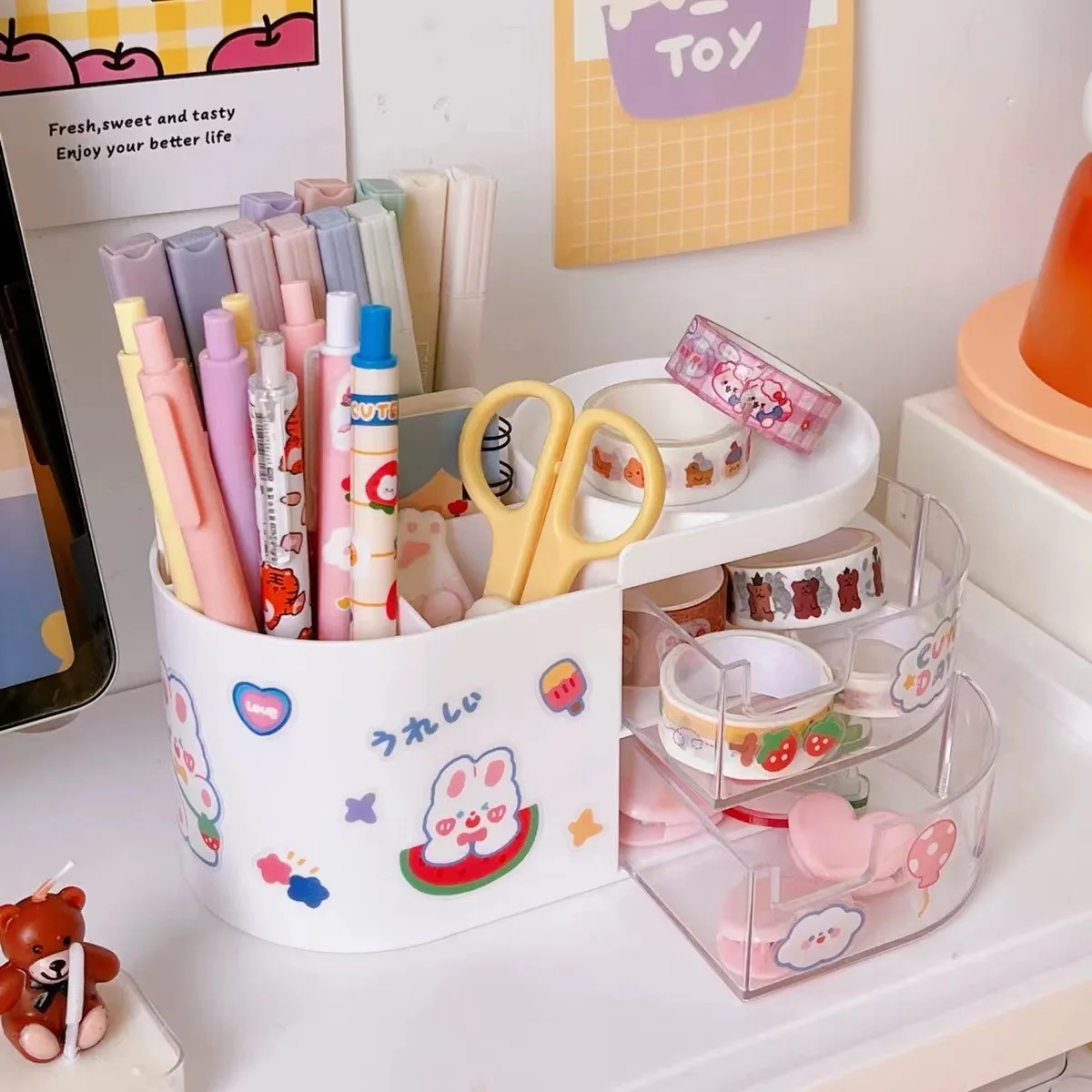 Desktop Pen Holder Cute Multi-functional Large-capacity Partition Drawer Student Desktop Kawaii Stationery Organizer Storage Box