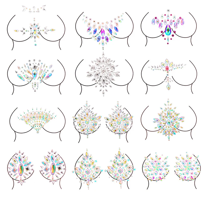 Breast Jewels Tattoo Rhinestone Chest Sticker Temporary Tattoo Glitter Breast Body Gems Tattoo Sticker Body Decor Jewel Paste