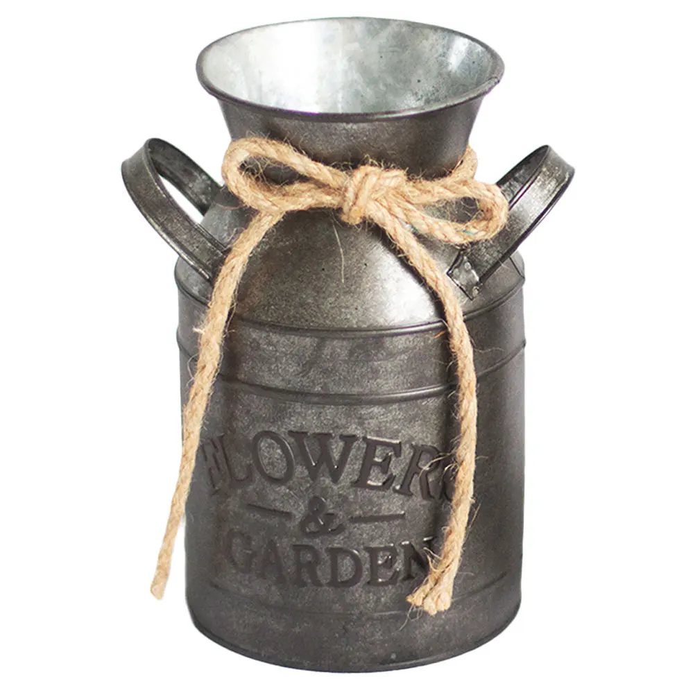 

Iron Flower Pot Retro Decor Container Vintage Home Office Accessory Silver Tin Bucket Planter Storage Barrel Milk Coffee Pot