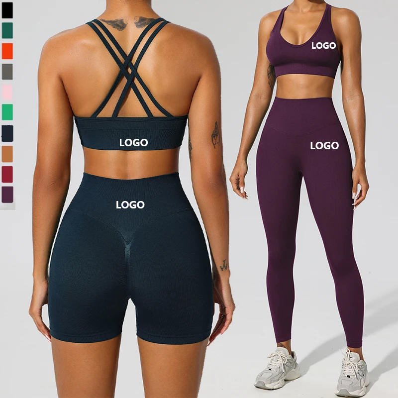 

HAUT SHARK Women's Yoga Set 3 Piece Set Seamless Sleeveless Ribbed Cropped Top High Waist Leggings Gym Yoga Pilates Clothing