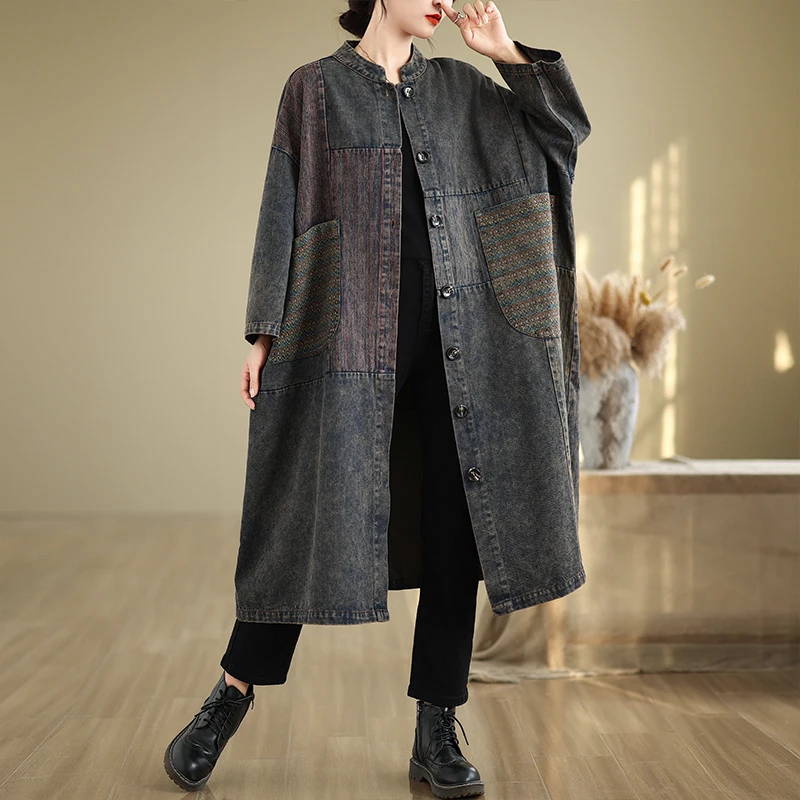 

SuperAen 2024 Autumn New Patchwork Washed Denim Vintage Casual Loose Oversized Trench Coat