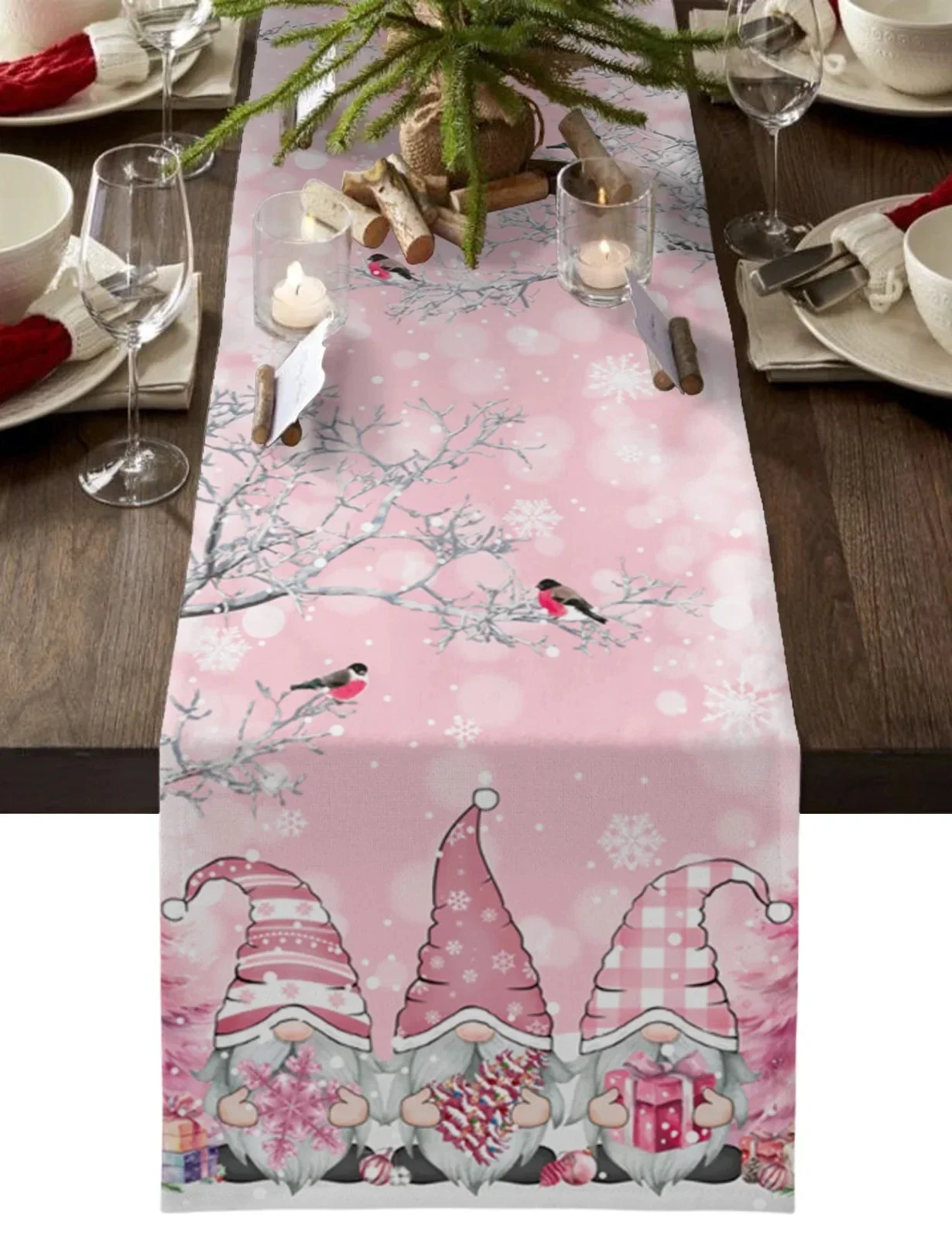 Chemins de table en lin de paysage de neige de gnome de Noël, écharpes de commode, décor de table, table à manger d\'hiver, décorations de Noël