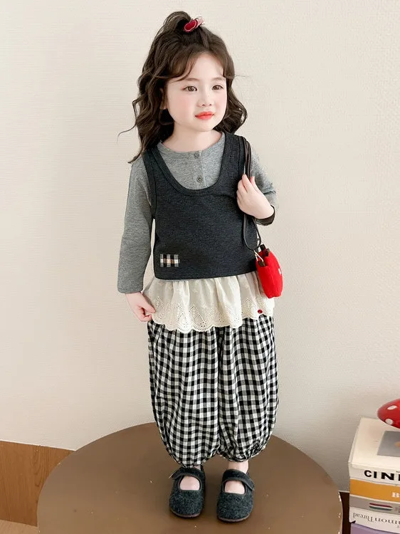 

Faionable Korean Sle Long Sve Tee Piece Set for Girls Spring Season Breathable Comfortable High Waist Trousers