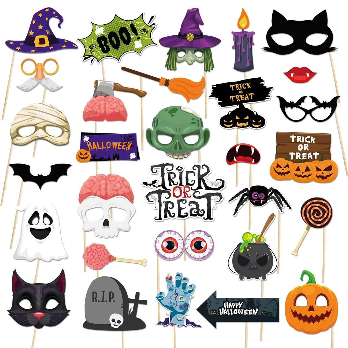 30pcs Happy Halloween Photo Booth Props Kit Witch Hat Pumpkin Bat Fancy Selfie Picture Prop for Kids Adults Dress Up Accessories