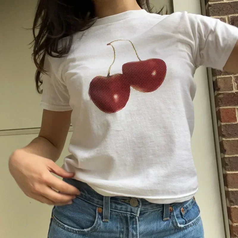 

Aesthetic Summer Tee Streetwear Goth Harajuku Letter Graphic Cherry Print T-shirt Vintage Crop Tops Women Y2K Clothes