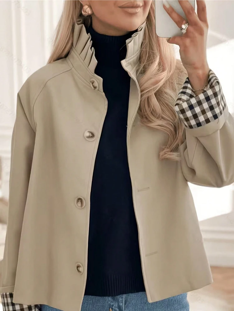 Fall 2026 New Arrival: Women's Ruffled Stand-Up Collar Checkered Coat with Lined Details—Fashionable Street Style