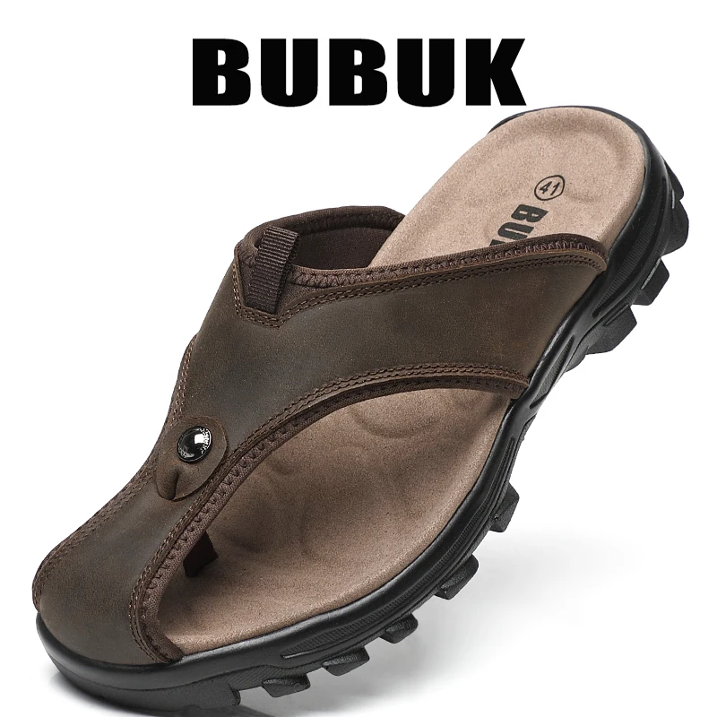 Bubuk First-Layer Cowhide Sports Slippers, Genuine Leather Men's Flip-Flops, Casual Outdoor Sandals with Arch Support, Beach Outdoor Slippers