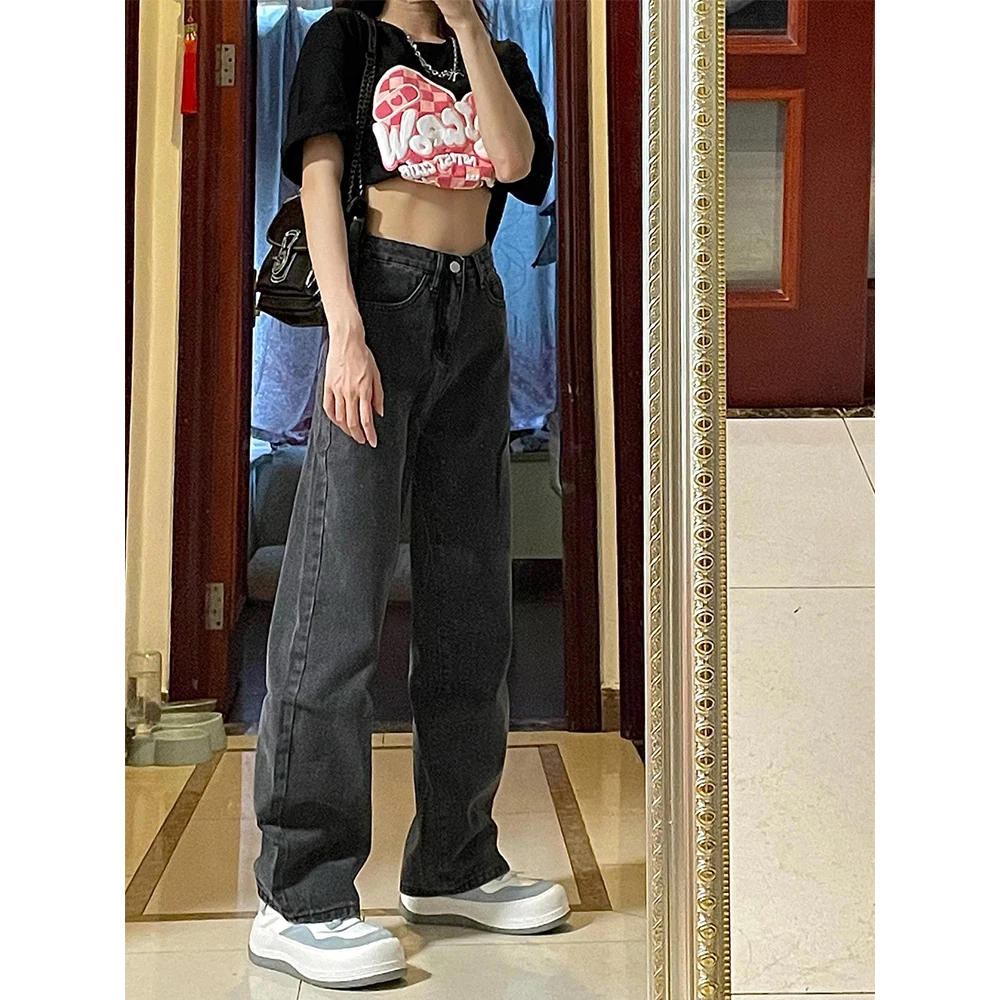 High Waist Straight Leg Jeans Women's Spring Autumn plus Size Loose Fitting Pear Shape Body Slimming Black Grey Wide Leg Pants
