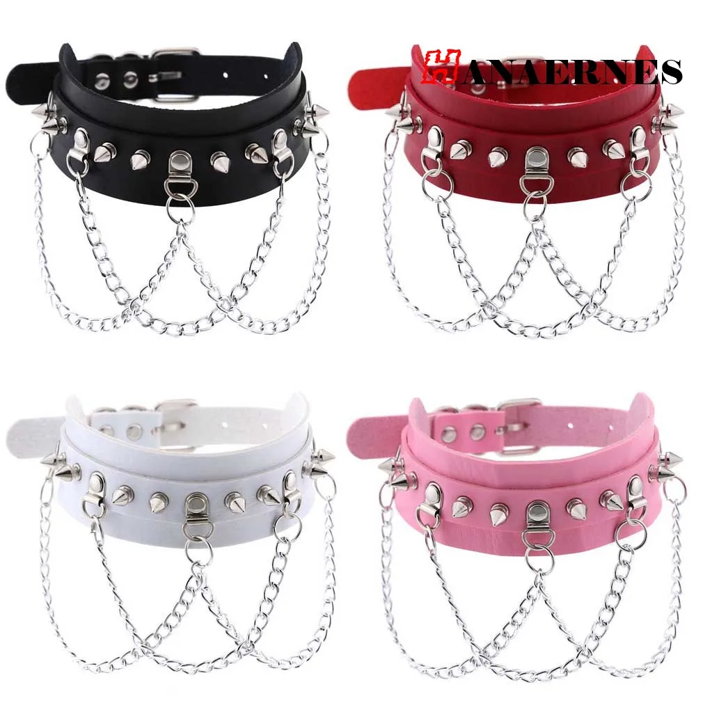 Gothic Exaggerated PU Leather Collar Necklace Punk Street Shot Nightclub Personality Metal Chain Neck Strap Collarbone Chain