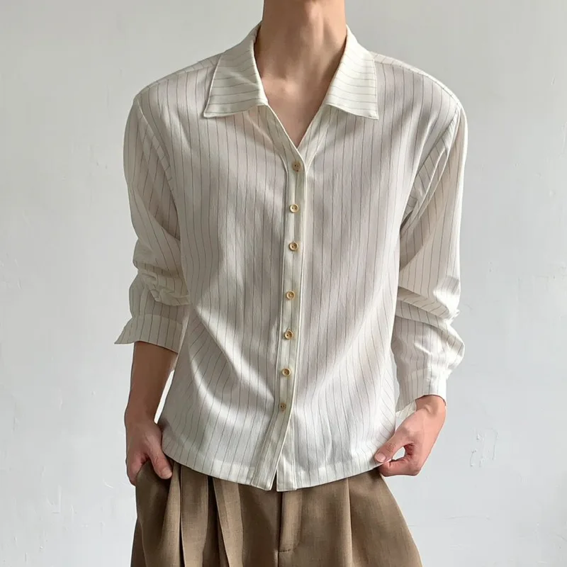 WVGA Spring Summer New Men Elegant Design Striped Trendy Long Sleeved Shirt Textured Shoulders Padded Niche Chic Tops Ins W25844