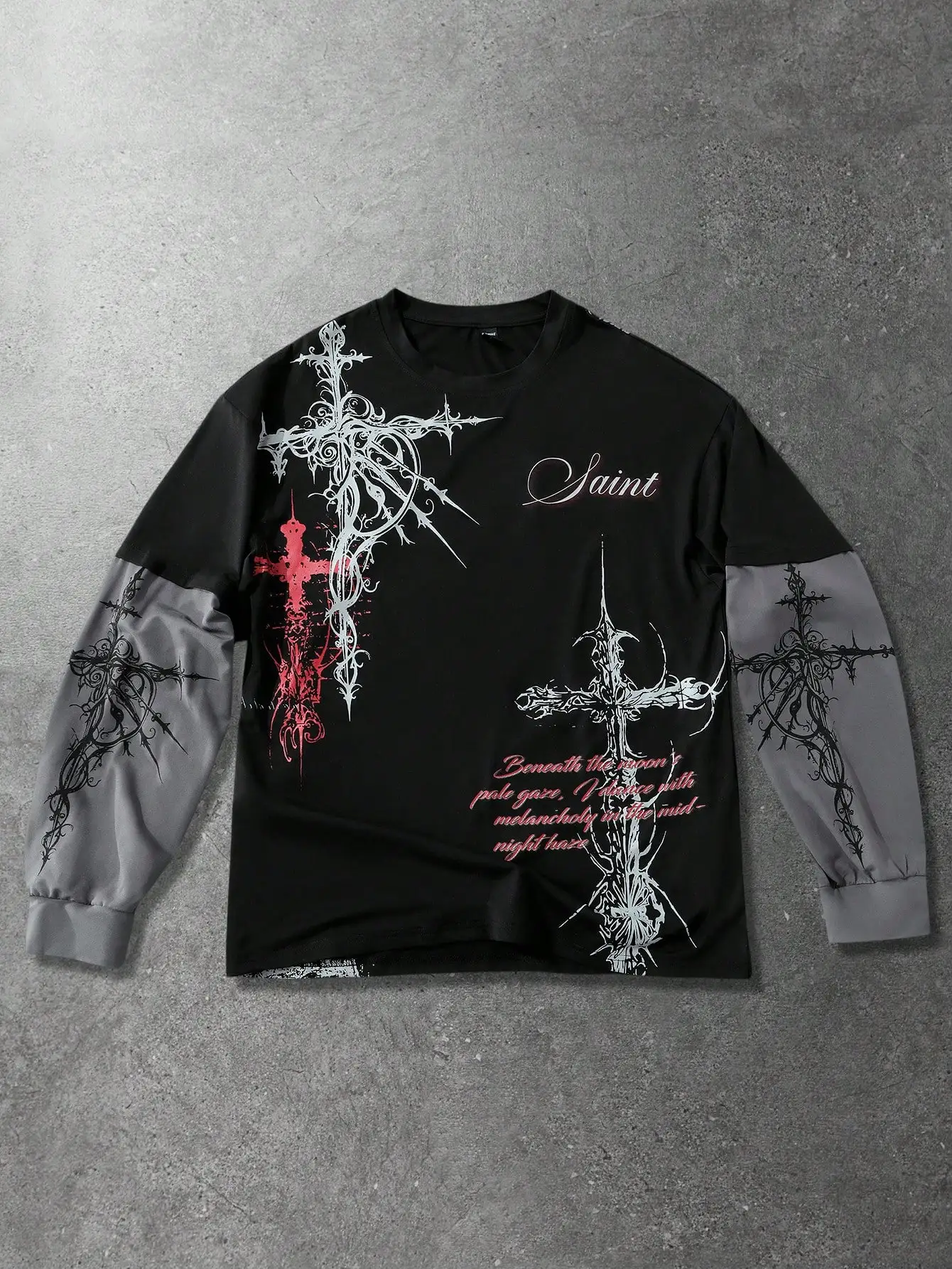 

Мужская футболка с длинным рукавом и готическим принтом в виде креста, с контрастными рукавами, для повседневной носки
