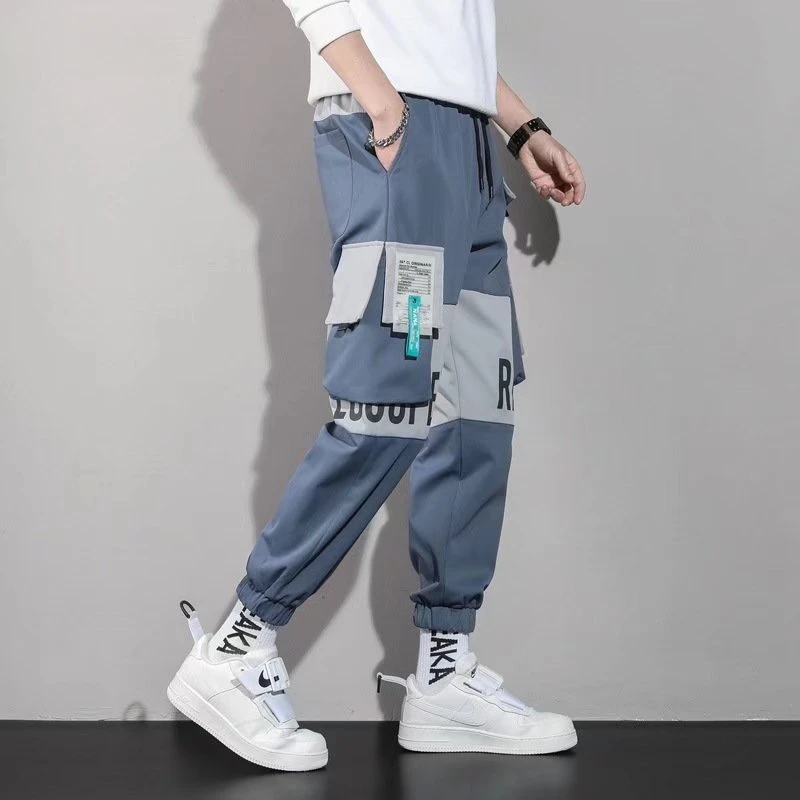 Cargo Pants Men Slim Ankle Banded High Street Spring Autumn Letter Pocket Spliced Korean Style Male Stylish Fashion Trousers