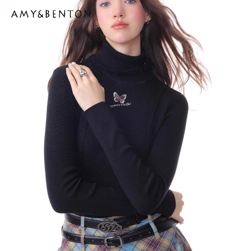 

Осень-зима, новая женская нижняя рубашка с круглым вырезом, оригинальный дизайн, универсальный вязаный топ с вышивкой бабочки для похудения, женский топ