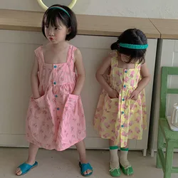 Summer Girls Dresses Front Button Cute Princess Dress Suspender Vestidos 2022 New Children'S Clothing Girls Fashion Kids Outfit