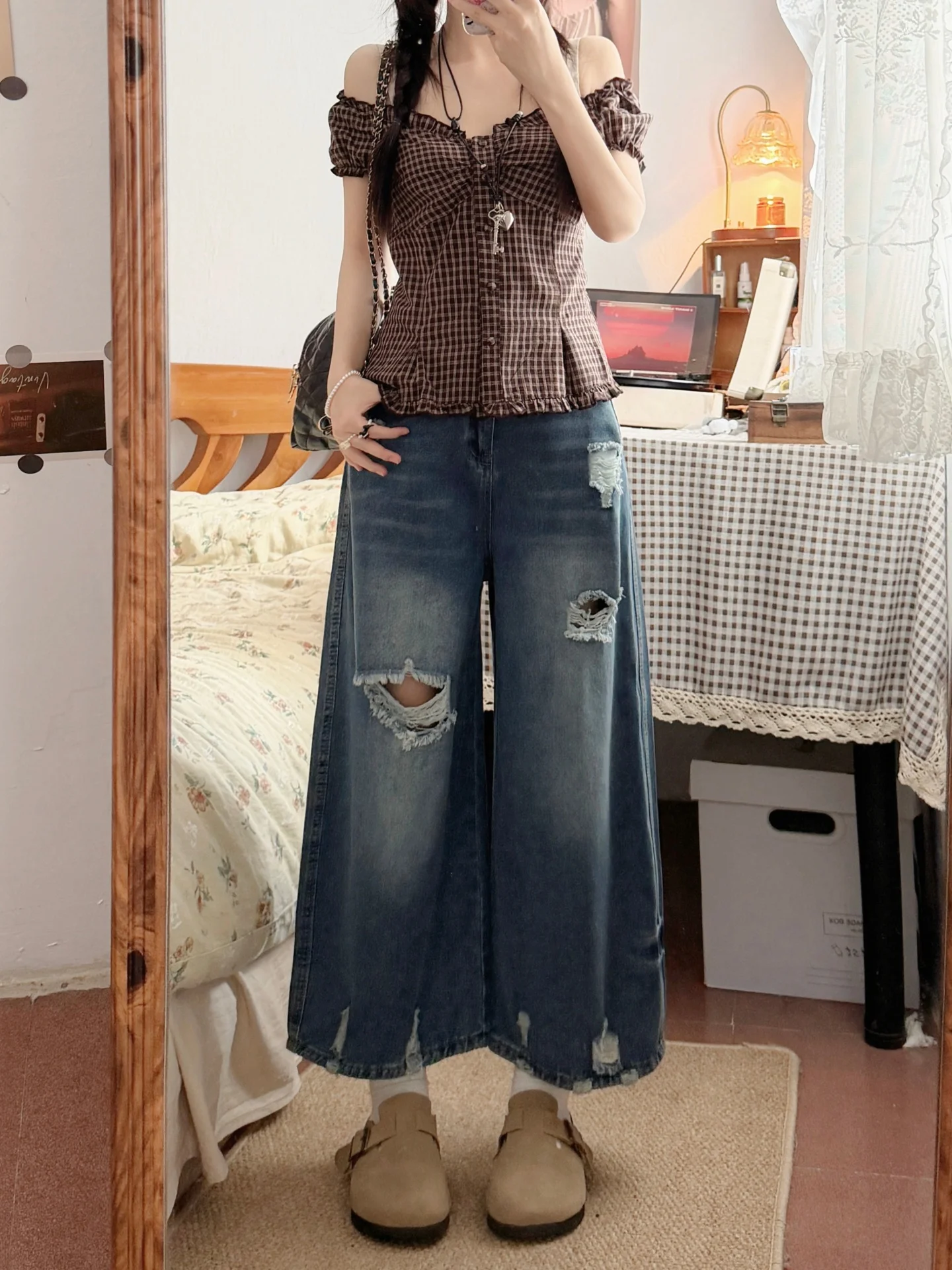 

plus Size Vintage Ripped High Waist Wide Leg Jeans Women Summer Loose Fit Straight Cut Denim Pants Casual Wear for plus Size ...