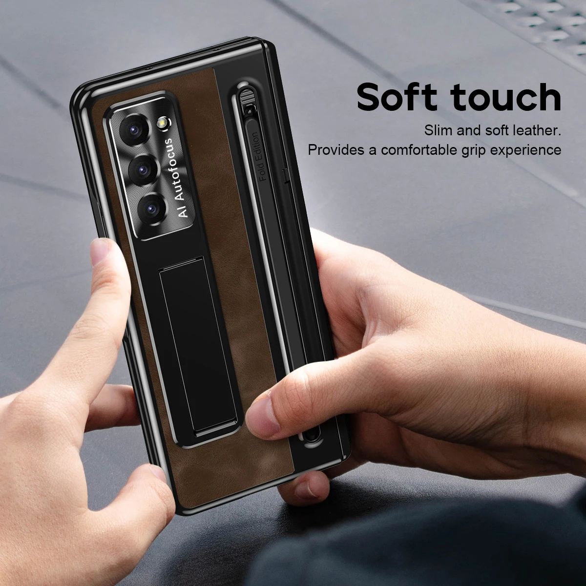 Vintage Leather Phone Case for Samsung Galaxy Z Fold 6 5 4 3 Fold6 Fold5 Fold4 Fold3 with Kickstand Protective Cover (No Pen)