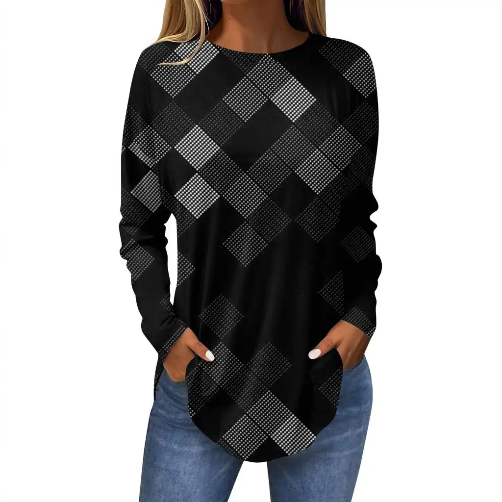 Camiseta feminina 3d geométrica irregular impressão moda manga comprida em torno do pescoço regular topos férias fim de semana primavera e outono